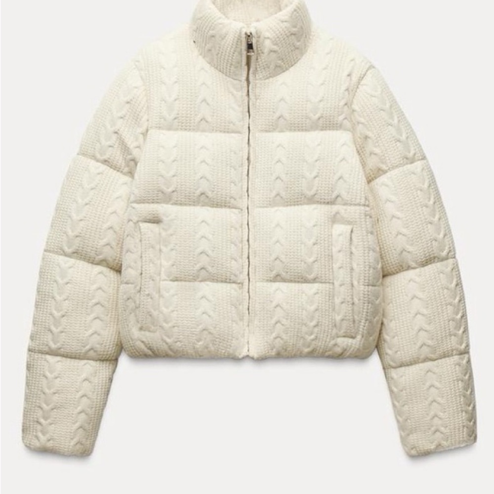 Zara Cream Cable Knit Puffer Jacket